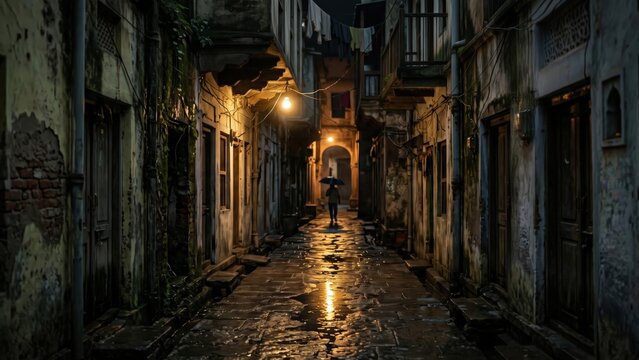 Rainy Indian Gali Night Reflection | Old City Monsoon Alley Cinematic Scene