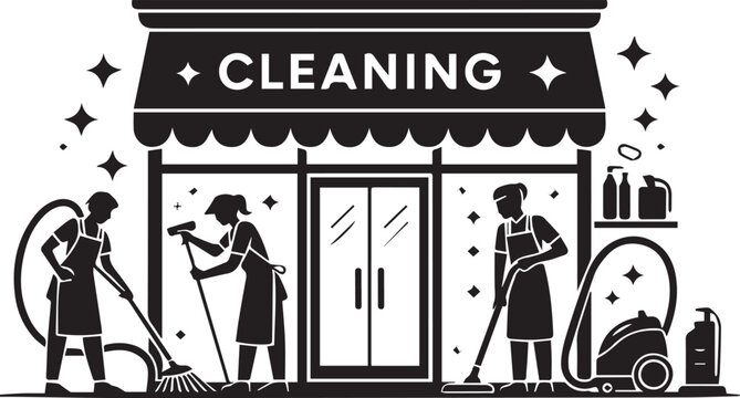 Black and white illustration of cleaning services storefront with three janitors cleaning, sweeping, and vacuuming outside shop with cleaning supplies on display for business advertisement