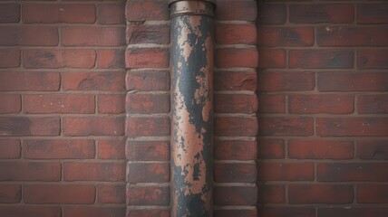Naklejka premium Close-up of weathered drainage pipe on red brick wall with mortar joints and urban texture background