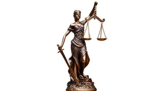 Bronze Lady Justice statue holding scales and sword, isolated on transparent background