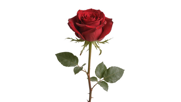 Single deep red rose with green leaves and thorns, isolated on transparent background
