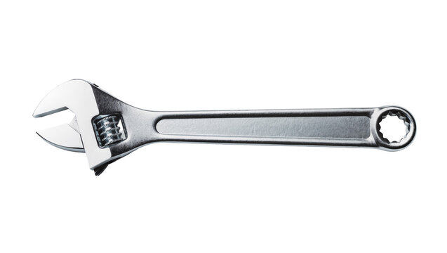 Adjustable wrench tool with metal jaws and knurled adjustment screw, isolated on transparent background