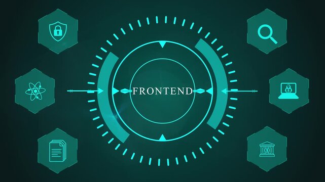 Frontend Interface Visualization with Circular Digital Workflow Graphics and Interactive Business Technology Elements on Futuristic Background