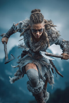 Fantasy wallpaper. A dramatic portrayal of a warrior in midaction. The warrior has a fierce expression, braided hair, and is clad in a thick, textured fur cloak.