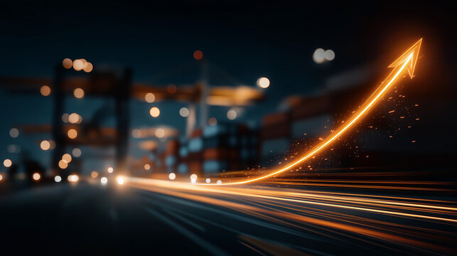 Glowing Arrow of Progress: A luminous orange arrow streaks upwards, symbolizing exponential growth and technological advancement against a backdrop of blurred city lights and industrial structures.