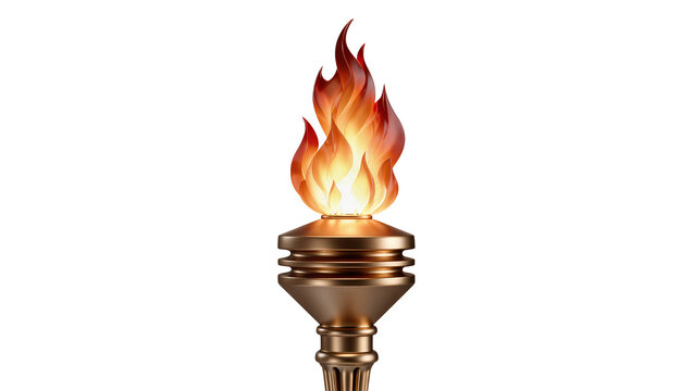 Bronze Olympic torch with bright orange flames, isolated on transparent background