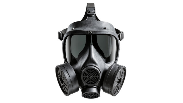 Black tactical gas mask with dual filters and tinted lenses, isolated on transparent background