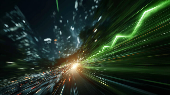 Digital Growth Acceleration: An abstract visualization of rapid digital advancement and exponential growth, depicted through a streak of vibrant green light and city lights blurring into motion.
