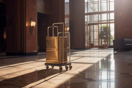 Golden luggage on a bellhop trolley waiting in a modern hotel lobby