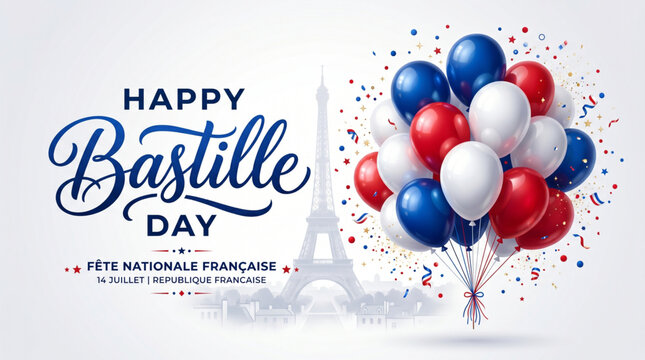 Bastille Day French Celebration Banner with Festive Balloons and Paris Holiday Spirit