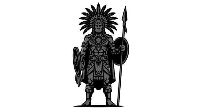 A detailed illustration of a fierce Aztec warrior in traditional attire, holding a spear and shield, ready for battle.