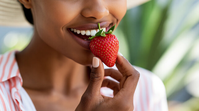 Close-up of an African American woman eating a fresh strawberry with enjoyment, healthy snack concept, strawberry eating photography, joyful nutrition lifestyle, defocused