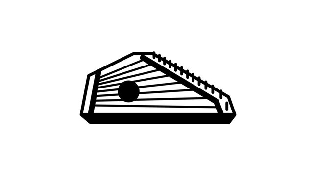 Black and white illustration of a zither, a stringed musical instrument, against a white background.