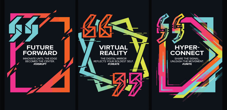 Futuristic Digital Quotes with Glitch Effects Future Forward, Virtual Reality, and Hyper-Connect