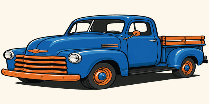 Vintage Blue Pickup Truck Illustration, Classic Retro Vehicle Design with Orange Accents and Isolated White Background
