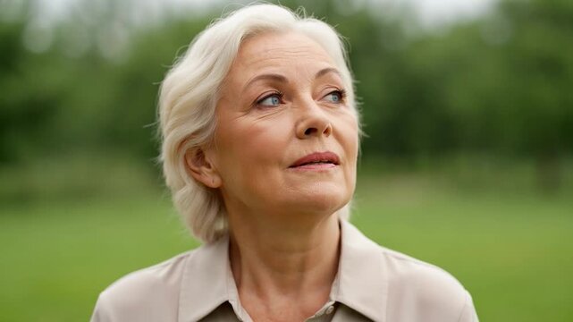 Mature senior woman looking up at the sky with hope and faith, connecting with nature and finding spiritual peace