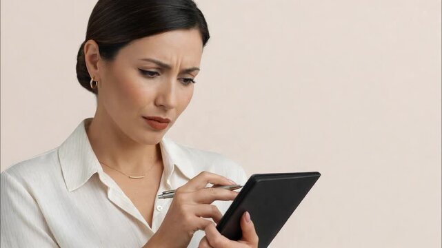 Professional businesswoman using a stylus to write and draw on a digital tablet, expressing different creative emotions