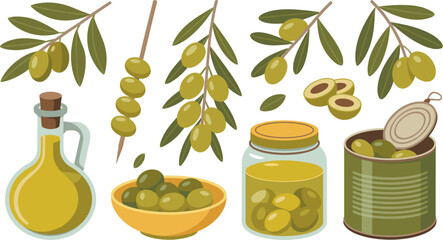 Healthy Mediterranean food elements with green olives on branch and extra virgin oil. © MdMojnu
