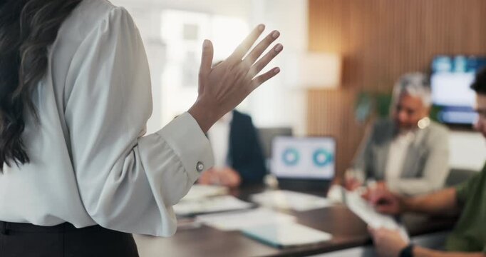 Hands, presentation and team at office meeting with speech, explain or insight at finance company. Person, speaker and staff in boardroom for pitch, feedback and problem solving with charts at agency