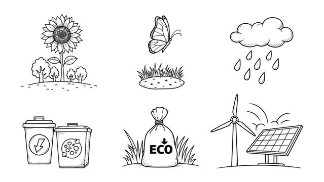 Eco concept drawings: sun butterfly rain recycling wind