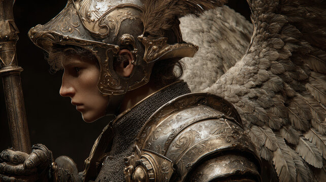 Fantasy wallpaper. A detailed, realistic portrayal of a winged figure, likely an angel or guardian, in a side profile. The figure wears ornate, metallic armor with intricate designs and patterns.