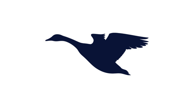 Flying goose silhouette, navy blue waterfowl vector, wild bird icon art