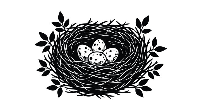 Bird's nest with speckled eggs illustration black and white vector