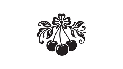 Cherries blossom illustration with three glossy fruit icons and ornate leaves, vintage monochrome tattoo style graphic © MissBeauty