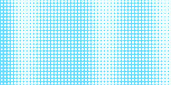 Bright blue halftone background. Retro comic gradient pattern. Pixelated dotted cloud texture overlay. Cartoon pop art faded grain backdrop for poster, banner, advertisement, brochure. Vector