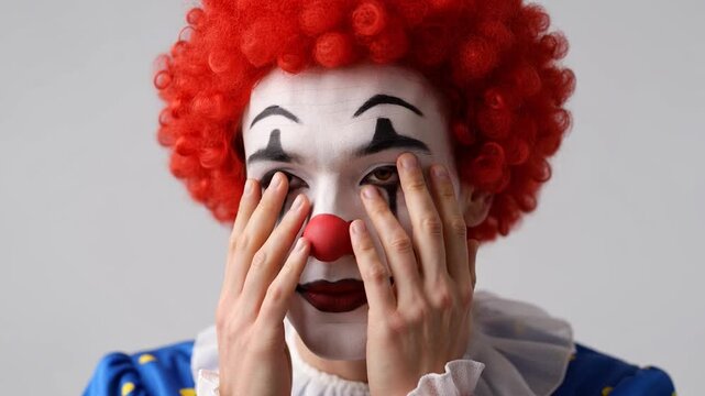 Clown with red wig changing expressions while looking at the camera against a gray studio background
