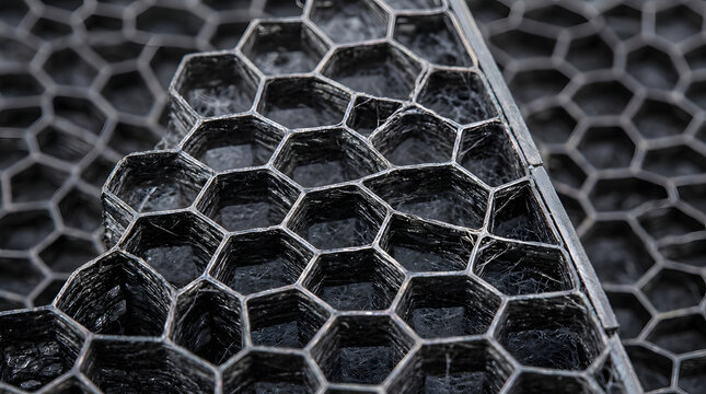 hexagonal honeycomb structure close up of dark metallic grid pattern