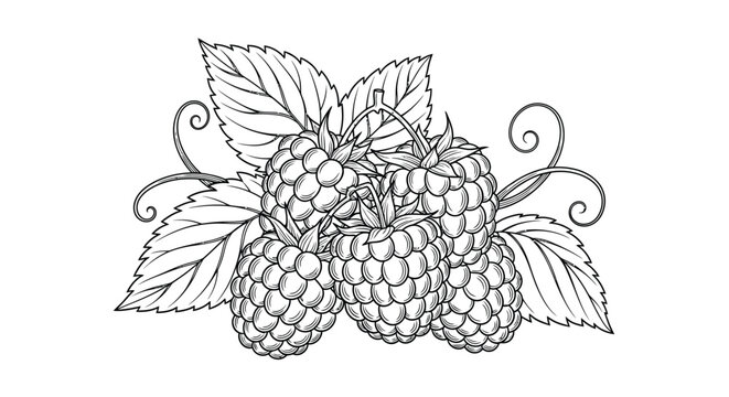 Raspberry branch illustration black and white botanical line art