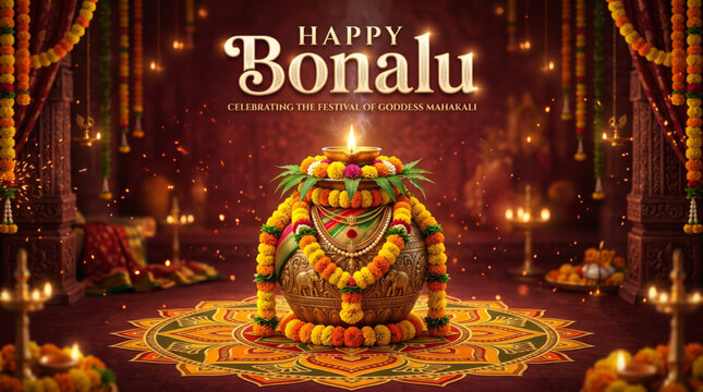 Sacred Bonalu festival offering pot with glowing rangoli for traditional Indian spiritual celebration