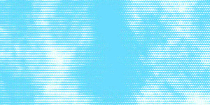 Bright blue halftone background. Retro comic gradient pattern. Pixelated dotted cloud texture overlay. Cartoon pop art faded grain backdrop for poster, banner, advertisement, brochure. Vector