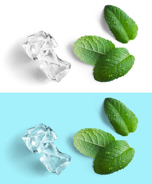 art  Vibrant green mint leaves and ice cube with neutral transparent shadow for design element on any color background