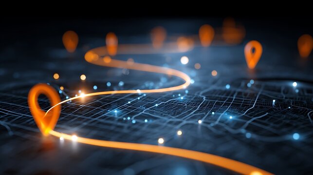 Glowing path of location markers on a city map, with vibrant light trails and depth