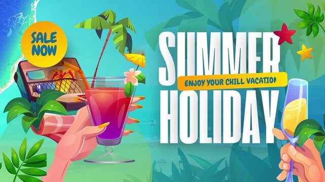 Summer Vacation Sale Now Promotion Animation with Bright Discount Banner and Travel Theme