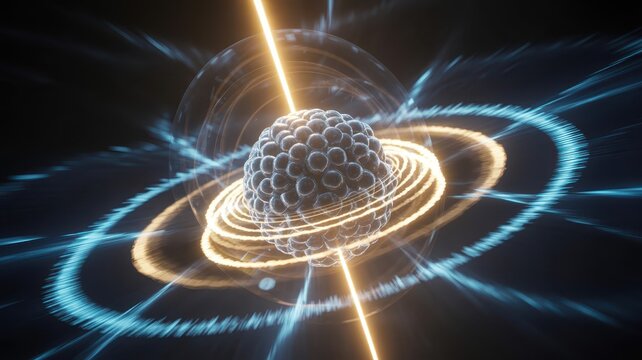 Highly detailed computer-generated image of atomic nucleus with orbiting electrons and energy lines in space setting