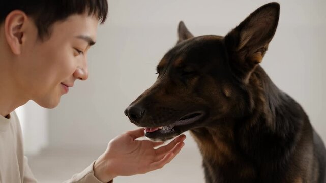 Affectionate asian man petting and feeding his german shepherd dog expressing care, love, and friendship