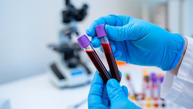 Closeup of medical professional wearing blue gloves holding two blood sample tubes near a microscope in a laboratory setting