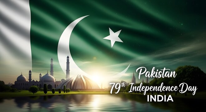 Pakistan independence day celebration with faisal mosque and flag waving