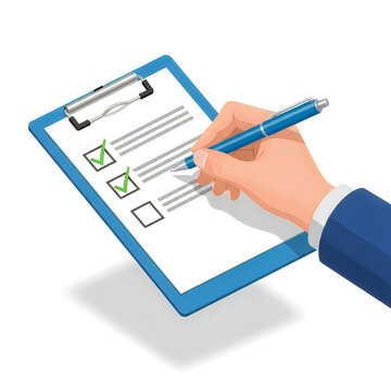 Hand checking off items on a blue clipboard