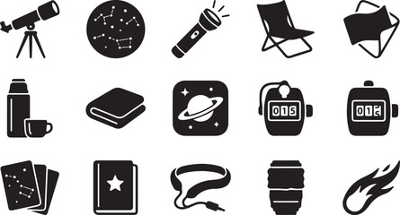 Set of black and white featuring a telescope, constellations, flashlight, deck chair, flag, thermos, folded blanket, planet saturn, tally counters, star book, and a flaming comet © hosneara_studio