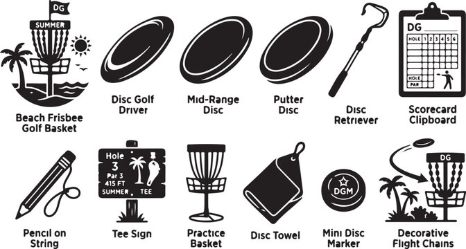 Disc golf equipment set featuring a beach basket, driver, mid-range disc, putter, retriever, scorecard clipboard, pencil, tee sign, practice basket, towel, mini marker, and flight chains