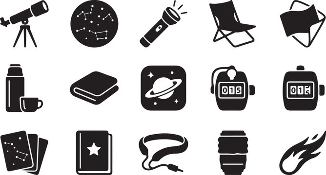 Set of black and white featuring a telescope, constellations, flashlight, deck chair, flag, thermos, folded blanket, planet saturn, tally counters, star book, and a flaming comet