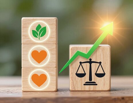 a leaf symbolizing environmental stewardship, a heart for social responsibility