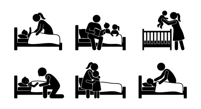Family Bedtime Routine Icons, Parent Child Care, Sleep Preparation, Love, Comfort, Vector Set