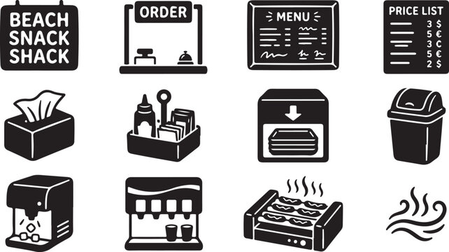 Set of black and white flat representing a beach snack shack, including order counter, menu board, price list, tissue box, condiments, trash bin, coffee machine, and hot dog grill
