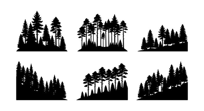Forest Silhouette Vector Pack, Evergreen Trees Landscape Graphics, Nature Woodland Scene Icons