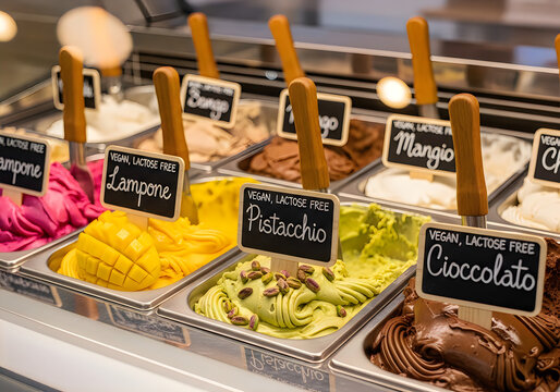 Vegan lactose free gelato flavors in metal containers with labels